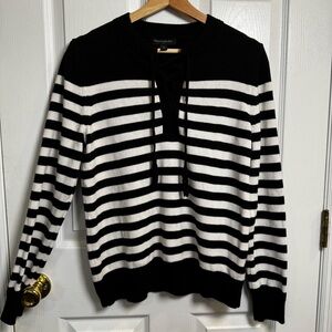 Banana Republic Black White Stripe Lace Up Cotton Sweater Size Medium Nautical